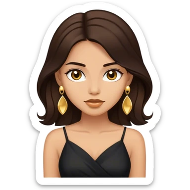 Beautiful woman,cute, long dark brown hair in dark dress with gold earrings sticker