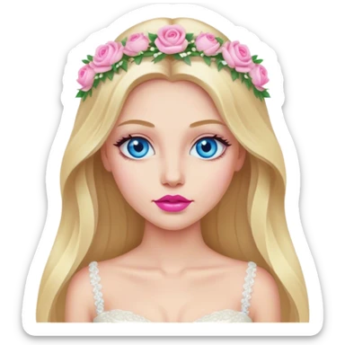 Cinematic realistic blonde with long hair, blue eyes and pink lips in a wedding dress sticker