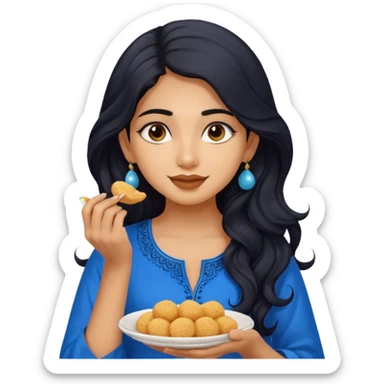 a pretty tan indian bratz girl with wavy long BLACK hair. eyeliner on, wearing a blue kurti, eating golgappa. NO SPOON sticker