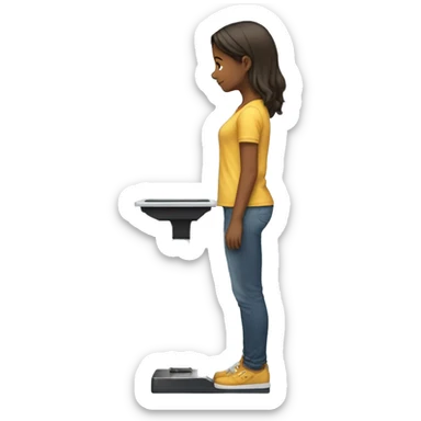 Side view of a girl standing on a scale, looking down, wearing casual clothes sticker