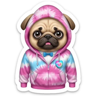 A pug wearing a pink and white tie die hoodie sticker
