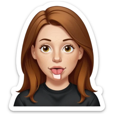 A 38 year old white woman with long brunette hair parted in the middle. She has her nose pierced. Her nose is medium sized. She has brown eyes. She has freckles and is wearing a black sweatshirt and is sticking out her tongue. sticker