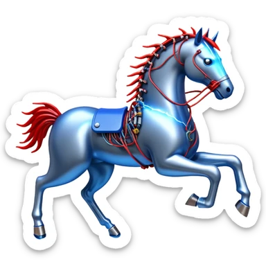fast electric horse made of electricity, metal plates, bolts, visible blue and red wires, lightning surrounding it sticker