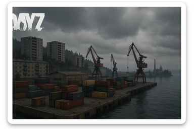 a screenshot of the game DayZ videogame, the harbor in a Scandinavian port town, industrial harbor at apartment blocks sticker