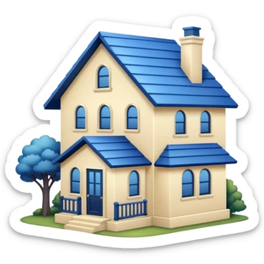 a creamy-colored house with dark blue trim and a blue roof sticker