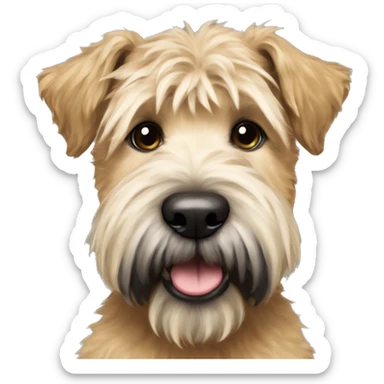 Wheaten terrier with a fluffy puppy haircut and black ears and chin sticker