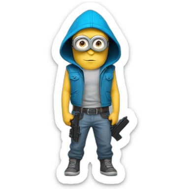 baby minion  in gray pants in a blue sleeveless shirt in a hood and with a collar with two pistols in both hands holds them on both sides raised sticker