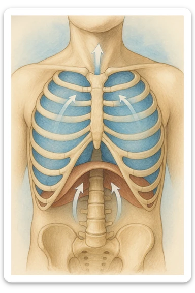A realistic, high-quality anatomical illustration showing a human torso with visible rib cage and diaphragm. The ribs are shown in a decompressed, expanded state, allowing full lung expansion, while the diaphragm is depicted as relaxed and lowered, indicating deep, efficient breathing. Soft blue and warm tones highlight airflow and lung capacity, with light arrows illustrating the air movement during diaphragmatic breathing. The image conveys a sense of calm, openness, and optimal breathing mechanics, useful for physiotherapy, breathing education, and osteopathic learning contexts sticker