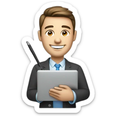 friendly male virtual assistant with a smiling  holding a digital tablet or stylus sticker