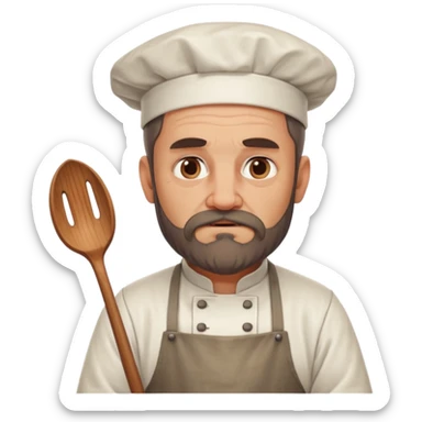 medieval fat chef, middle-aged, bearded, sly, grim-faced emoji, eil face like hes hidin something  sticker
