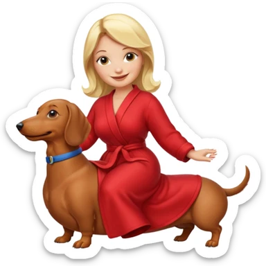 A blonde curvy woman riding on top of a dachshund wearing a red robe sticker
