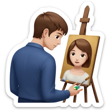 the white artist stands with his back to the painting, painting a portrait sticker