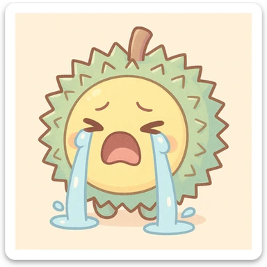 chibi-style round durian character with a green spiky shell and yellow flesh, crying dramatically with big teardrops, in pastel colors sticker