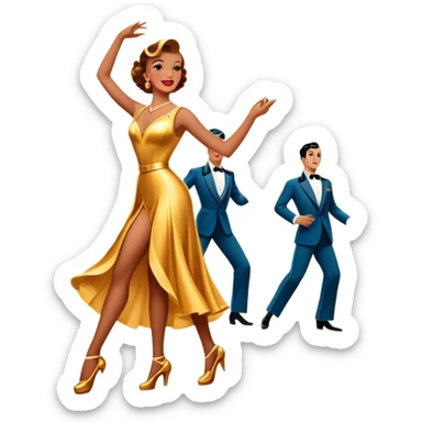 Vintage movie poster-style icon for a musical film. The cityscape glows in the background, evoking the golden era of musicals. A vibrant street scene with bright lights, dancers mid-step, a singer with a microphone. Transparent background. sticker