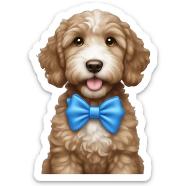 dark brown goldendoodle puppy white nose and chest blue bow in ear  sticker