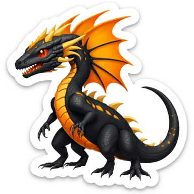 Magmatic fiery badass cool obsidian-Black and golden-orange Helioptile-Amaura-Salandit-Fakémon-hybrid-creature (full body)  sticker