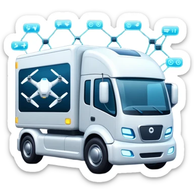 create a realistic emoji of a futuristic warehouse automation, autonomous trucks, smart drones, and glowing data networks — cinematic lighting, innovation atmosphere. sticker