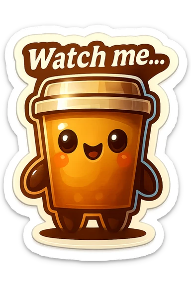 Tall coffee cup, giggling, mischievous eyes, "Watch me..." sticker