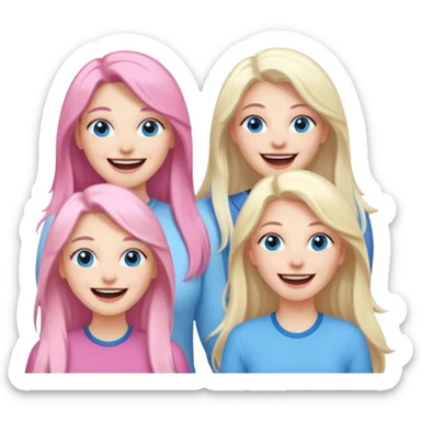 four adult white women laughing and smiling.  Two have long dark brown hair.  One has long pale pink hair and blue eyes. one has with blue eyes and light blonde hair. sticker