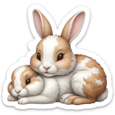 Meme-Worthy Cute Sleeping White and Brown Rabbit Portrait Emoji, Head resting peacefully with a contented smile, showcasing a delightfully balanced build and a luxuriously soft patterned fur of white and brown, eyes shut in a serene nap, Simplified yet hilariously adorable features, highly detailed, glowing with a soft, drowsy light, high shine, relaxed and utterly lovable, stylized with an air of playful laziness, bright and heartwarming, soft glowing outline, capturing the essence of a comically sleepy bunny, so meme-worthy it feels like it could instantly become the next viral sensation of adorable slumber! sticker