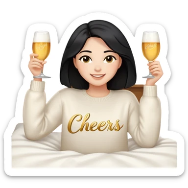 A woman with shoulder-length black hair, light to medium skin tone, full cheeks, and almond-shaped eyes, wearing a white sweater with the word 'cheers' in gold script, lying comfortably on a bed with soft lighting, joyful and radiant expression, no drinks. sticker