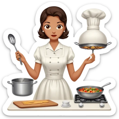 Beautiful woman in 1950’s woman fashion look, white dress, long dark brown hair, cooking sticker