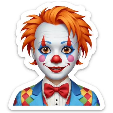 Orange hair styled in upward tufts.

White face paint, red nose, red lips, and thin black eyebrows.

Wearing a colorful patchwork clown suit with a big blue bow tie.

Happy, cheerful smile. sticker