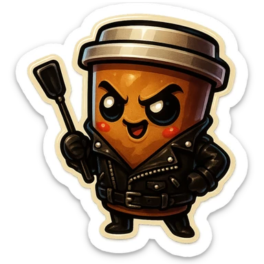 Tall coffee cup, dressed in leather holding a whipping paddle, mischevious, heart sticker