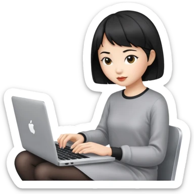 Asian girl with black short hair typing on Mac laptop sticker