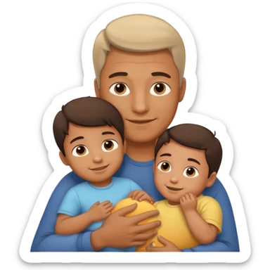 The father stands under the soft sunlight, his strong arms holding his child close to his chest, his gentle face glowing with a warm smile. sticker