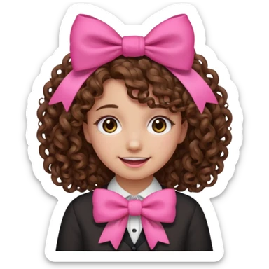 Curly hair girl, Pleading Face emoji, using pink bow sticker