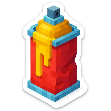 voxel style spray paint can with gold paint, dented and used, isometric view sticker