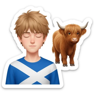 femboy with messy light brown bangs covering the eyes with scottish flag on his shoulders pets a cute highland cow sticker