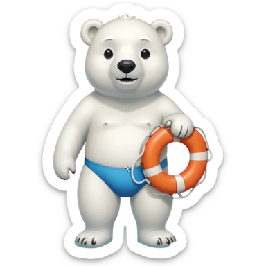 full body friendly anthropomorphised polar bear wearing swim shorts, life buoy around waist, swim goggles, standing with water pooled around feet sticker
