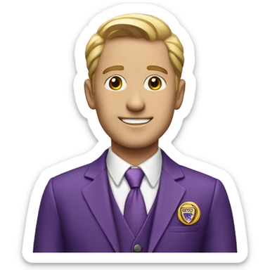 A man in a purple suit with a WB badge sticker
