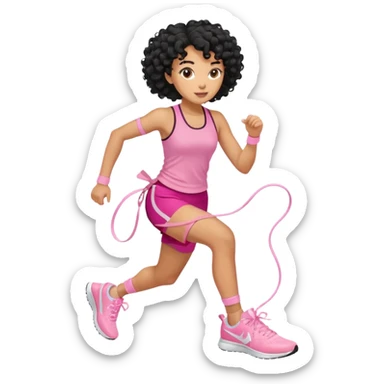 Mixed-race athletic woman with caramel skin, black curly hair, wearing pastel pink running shoes, tying laces sticker