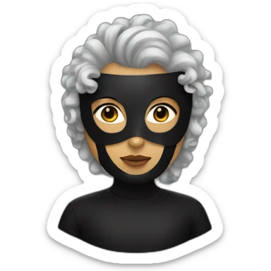 A person wearing a black mask with curly pony hair sticker