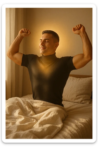 A cinematic photo of a man stretching in bed just after waking up, the morning sunlight flooding the room. His skin glows slightly, expression rested and serene. Muscles subtly defined, energy flowing through his posture. The air is filled with a golden calm. A symbolic glow surrounds his head and chest, representing mental clarity and physical recovery. The scene is clean, natural, minimalist. Rich in textures and realistic warmth. sticker
