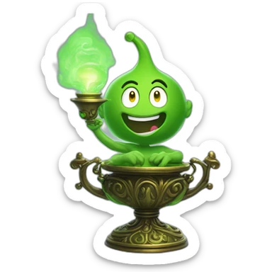 green genie coming out of a genie wonder lamp, environmentally friendly, represensting unrealistic hopes sticker