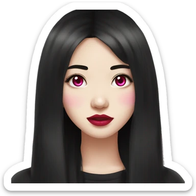 girl, asian, pale skin with pink splotches, beauty marks, eye liner, lashes, plump pink lips, red eyes, long black hair, y2k style clothes sticker