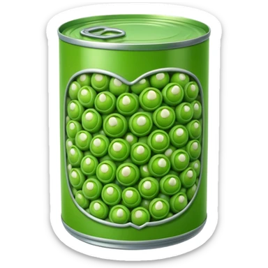 open metal can with plain label featuring green peas, top removed to show glossy plump green peas inside, peas look moist and tender brined, no extras, apple emoji style, soft lighting, transparent background, emoji scale sticker