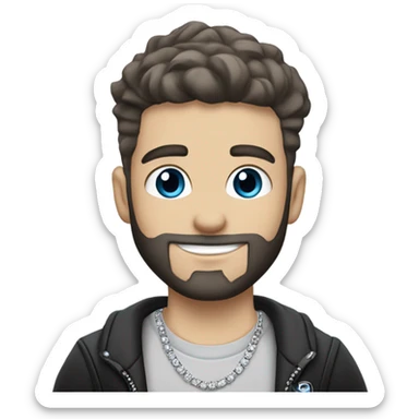 Younger white male that has grey blue eyes, dark brown hair with grey on the sides, a beard, and tattoos. He is wearing a diamond coated white gold necklace and a black punk band t-shirt while waving hello sticker