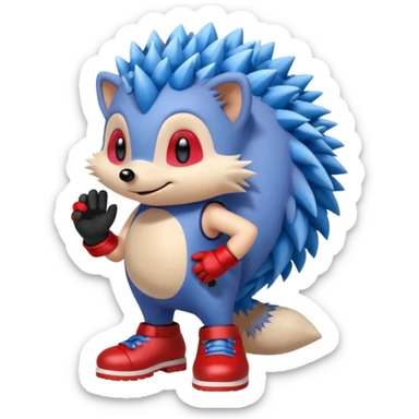 a blue hedgehog that has arms and legs with a tan chest fur, and some gloves and red and white shoes sticker