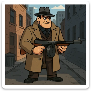 gangster character, cartoon style, trench coat, Tommy gun, city alley background sticker