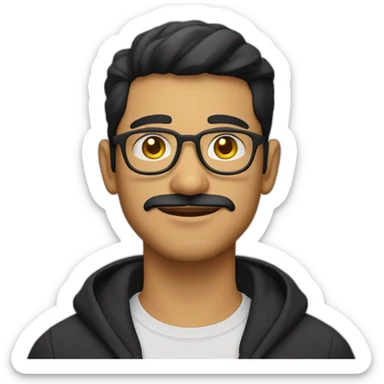 a light skin Pakistani man, wearing round glasses, short moustache, black hair, black jumper/sweater, structured manly face, yellow brimless cap sticker