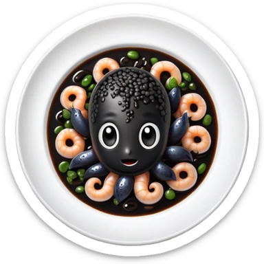 cinematic-realistic-black-risotto-dish-emoji,-showcasing-small squid pieces in black sauce -rendered-with-bold-textures-and-dynamic,-dramatic-lighting in a white plate sticker