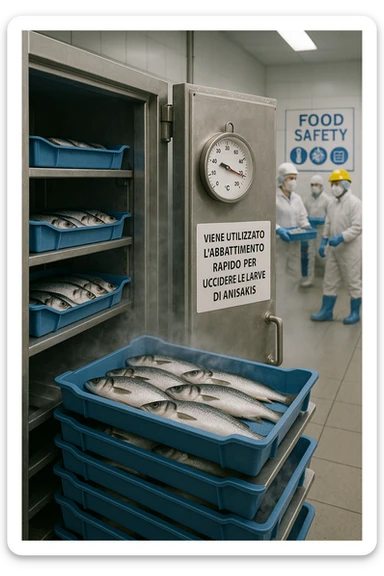 a fish processing facility where freshly caught fish are placed on trays and moved into a large industrial freezer. A temperature gauge shows -20°C, and an educational label explains that rapid freezing (abbattimento) is used to kill Anisakis larvae. The background includes workers in protective clothing and clear signage about food safety. in italiano sticker