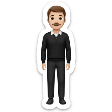 man with mustache, brown hair, 33years old, shirt, high temple Black pullover with a white shirt underneath and black fabric trousers 👕🖤👖 sticker
