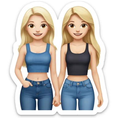 a long hair brunette pale girl and a blonde girl in jeans and crop tops smiling friends sticker