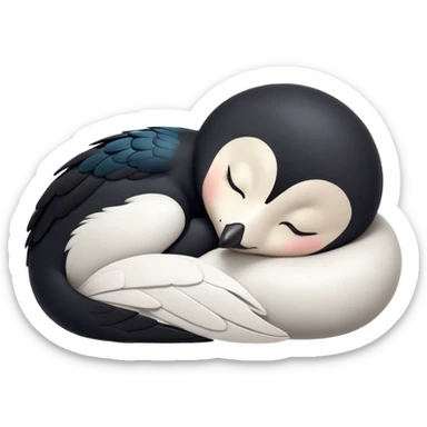 Meme-Worthy Cute Sleeping Magpie Portrait Emoji, Head resting peacefully with a contented smile, showcasing a sleek, elegant form with eyes gently closed in serene slumber and glossy, contrasting plumage, Simplified yet adorably endearing features, highly detailed, glowing with a soft, drowsy urban light, high shine, relaxed and utterly lovable, stylized with an air of playful laziness, soft glowing outline, capturing the essence of a sleeping magpie that feels destined to become the next viral icon of adorable rest! sticker
